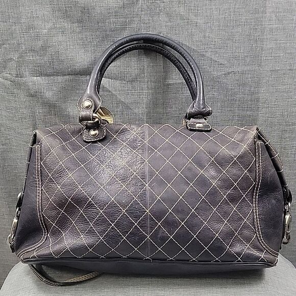 Serpui Marie RARE Brown Leather Duffle Shoulder Bag Cross Stitch, Double Handle - Picture 9 of 14